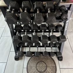 Dumbbells Weights Rubber Hex 10-50lbs Plus Rack 540lbs Total 