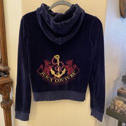 Vintage JUICY COUTURE Navy Velour Graphic Rhinestone Hoodie Jacket-Medium-Flaws