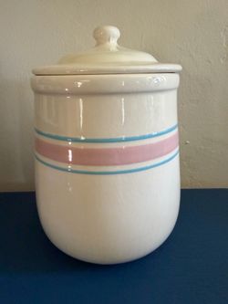 Vintage McCoy Pottery Canister/Cookie Jar Blue and Pink Striped 8” #133 EUC