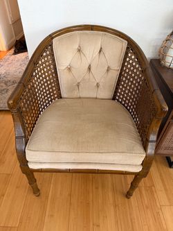 Vintage Cane Barrel Chair with Tufted Cushion