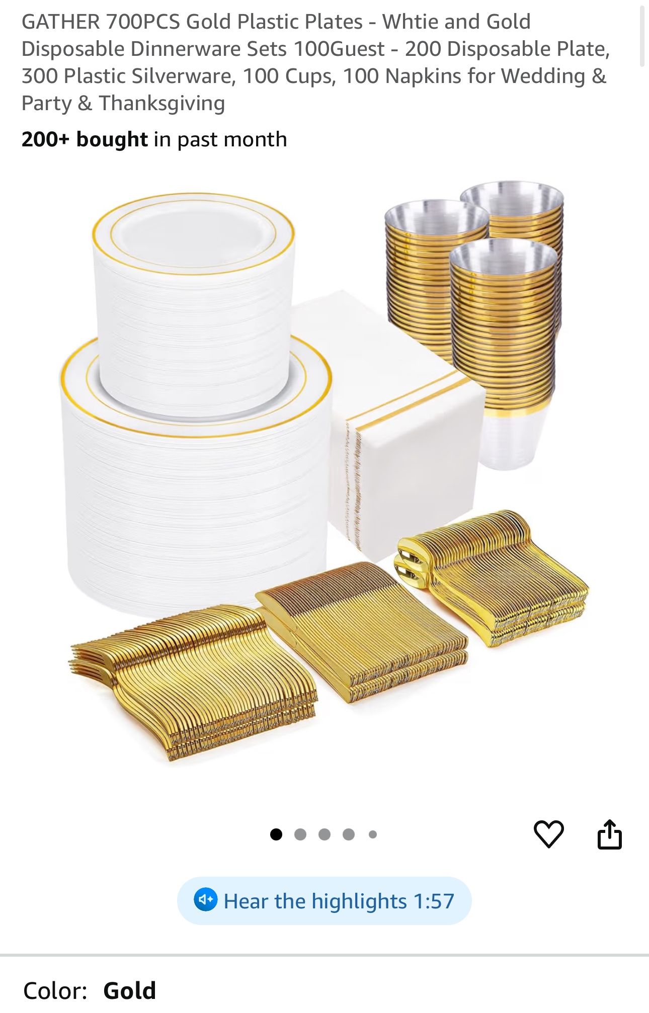GATHER 700PCS Gold Plastic Plates - Whtie and Gold Disposable Dinnerware Sets 100Guest - 200 Disposable Plate, 300 Plastic Silverware, 100 Cups, 100 N