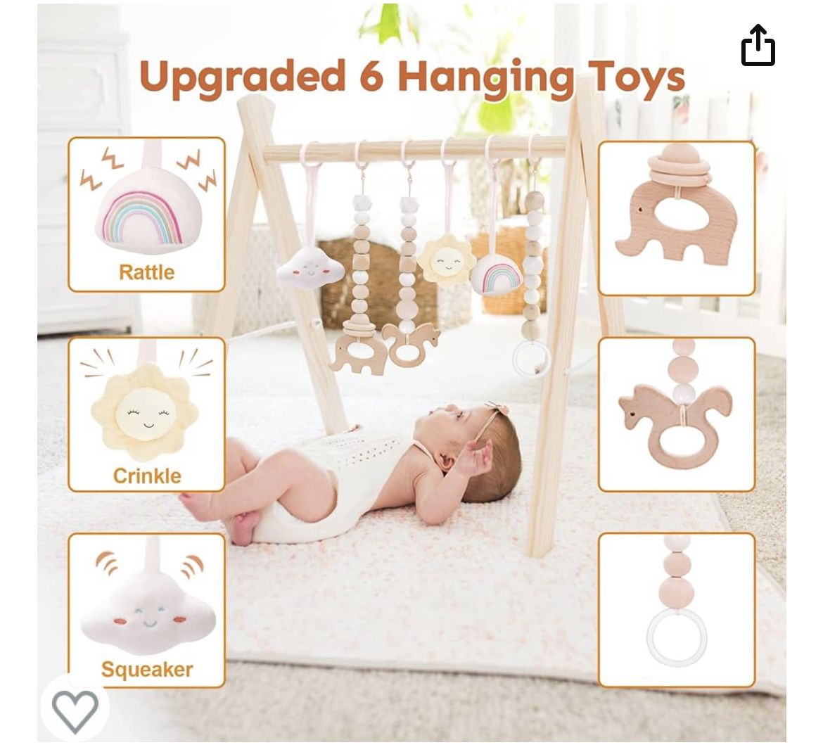 Wooden Baby Gym with Wooden Baby Toys Foldable Baby Play Gym Frame Activity Gym Hanging Bar Newborn Gift Baby Girl and Boy Gym (Natural Color