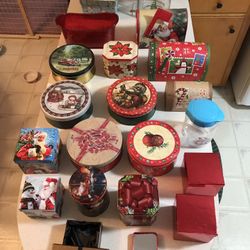 Lot of Christmas Tins Boxes & Bags Candy Dish and more!