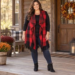 New Directions Weekend Cabincore Red & Black Plaid Fringe Vest 3X