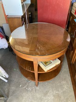 Round Wood Coffee Table with Glass Top