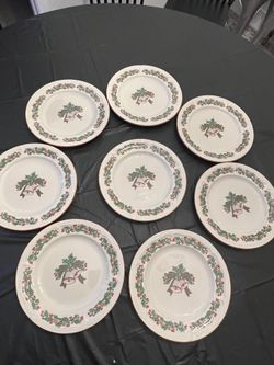 Set of 8 Christmas Salad & Dinner Plates Sango Stoneware Jingle Bells Christmas Excellent Condition