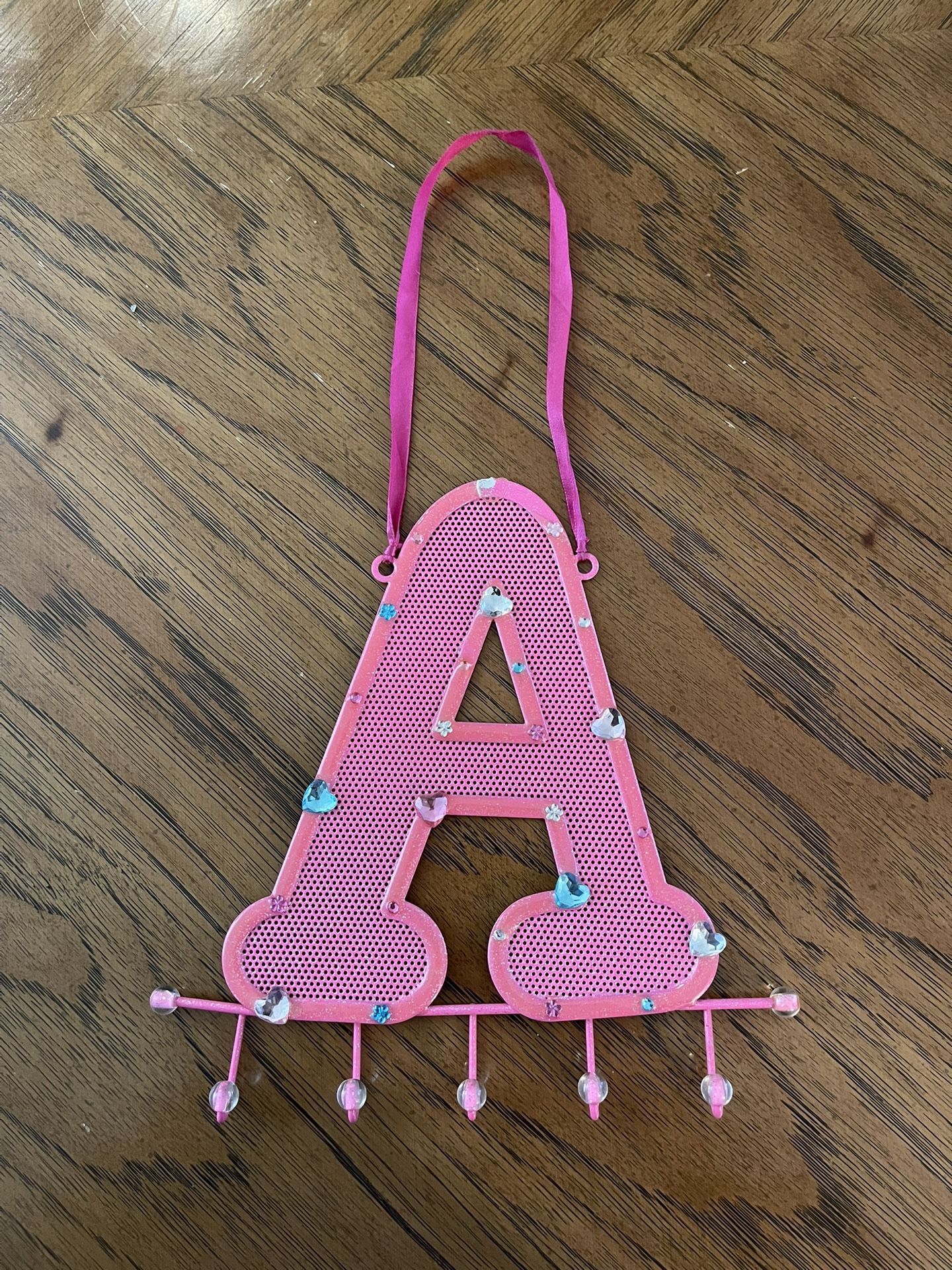 Cute Letter “A” Jewelry, Keys, or Accessory Holder - Pink Metal with Plastic Jewels