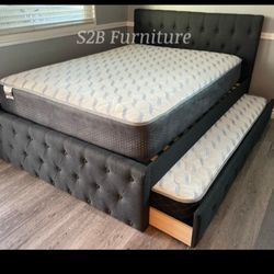 Full Twin Size Charcoal Frenchi Trundle Bed With Orthopedic Mattress