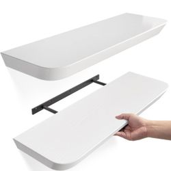 Modern 100% Wood Floating Shelves (Set of 2) - 8 Inch Deep Shelves with Rounded Edges - Invisible Heavy-Duty Metal Bracket,

