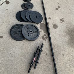 105lb Weight plates 1” hole, 5 ft Barbell and 2 dumbbell handles
