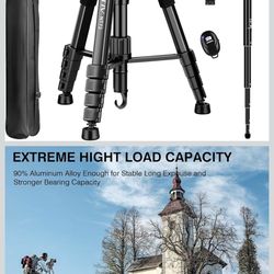 Tripod for Camera, 72" Tall Camera Tripod Monopod with Remote, Professional Heavy Duty Compact Camera Stand for Phone,DSLR, Spotting Scope, Telescope,