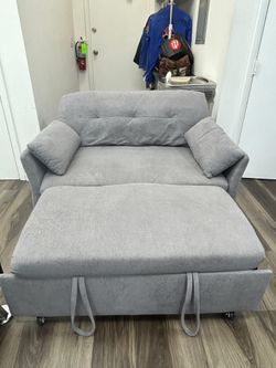 SOFA BED / SLEEP/ PULL OUT/ LOVESEAT/ FABRIC GREY/ IN GOOD CONDITION