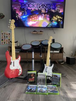 Rock Band Xbox 360 full band Bundle 1, 2, 3 RARE Red Bass Guitar drum mic ACDC
