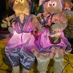 Vintage Annalee Easter Bunny Rabbits Set 2 Satin Clothings W Basket /Lights 27in