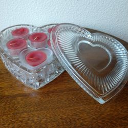 NIB- Partylite Valentine's Heart 2 Heart Tealight Glass Candle Holder w/ 6  Tealights P9511