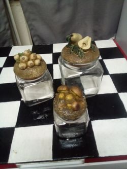 Set of 3 fruit and veggie top Glass Canisters with Decorative Lids