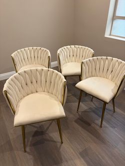 Set a four dining chairs, cream velvet with gold