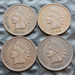 4 CONSECUTIVE 1898 TO 1901 INDIAN CENTS VERY FINE TO ALMOST UNCIRCULATED  SHOWING LIBERTY AND PARTIAL DIAMONDS 
