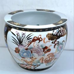 Large Chinese Porcelain Chinoiserie Floral Koi Fish Planter 14.25” Dia