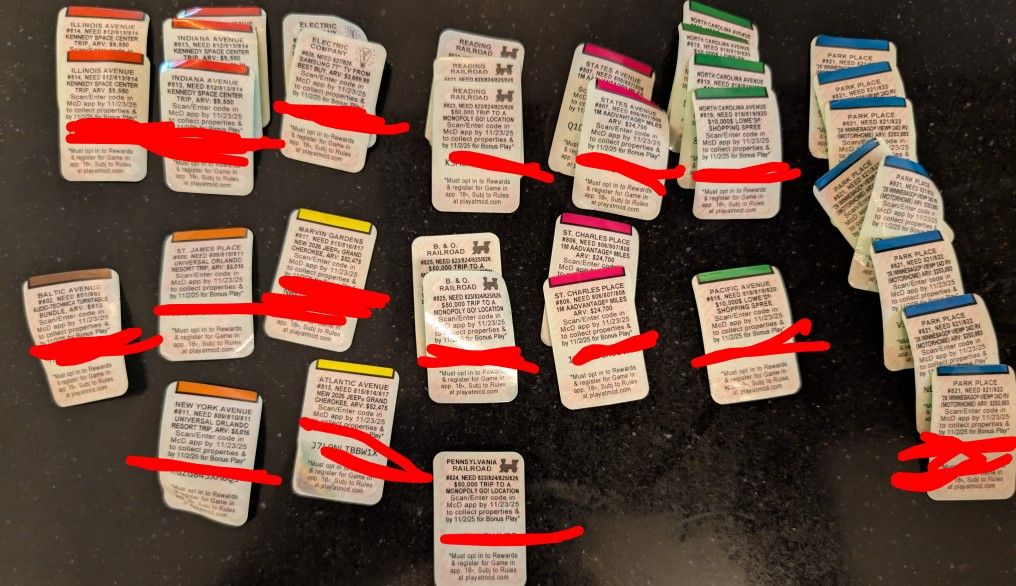 Unused McDonald's Monopoly Properties 