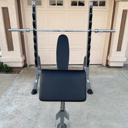 Hoist Olympic Bench w/ Barbell and Preacher Curl Attachment 