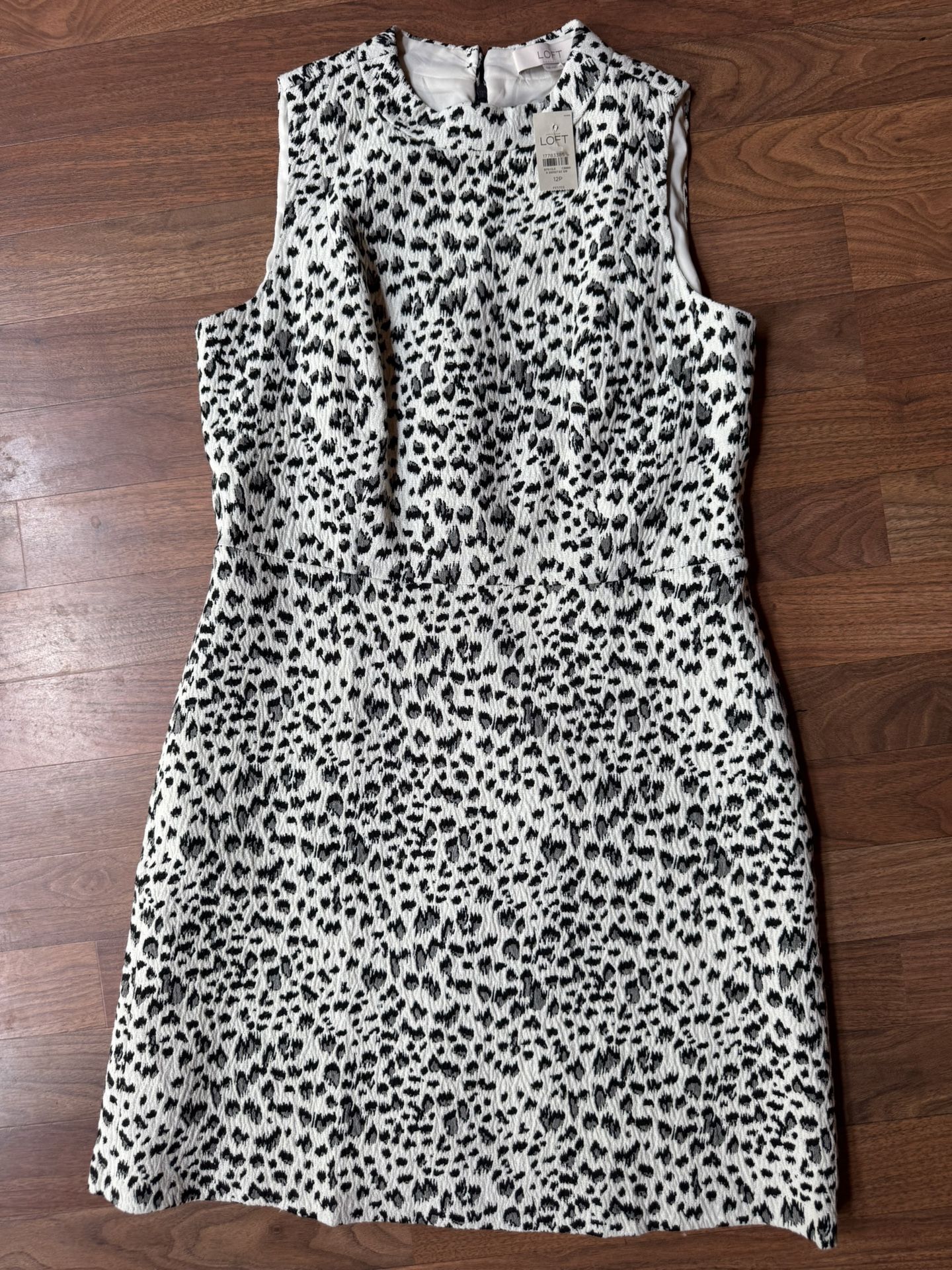 Ann Taylor LOFT Snow Leopard White Cream Black Sleeveless Dress Size 12P 12 Pet