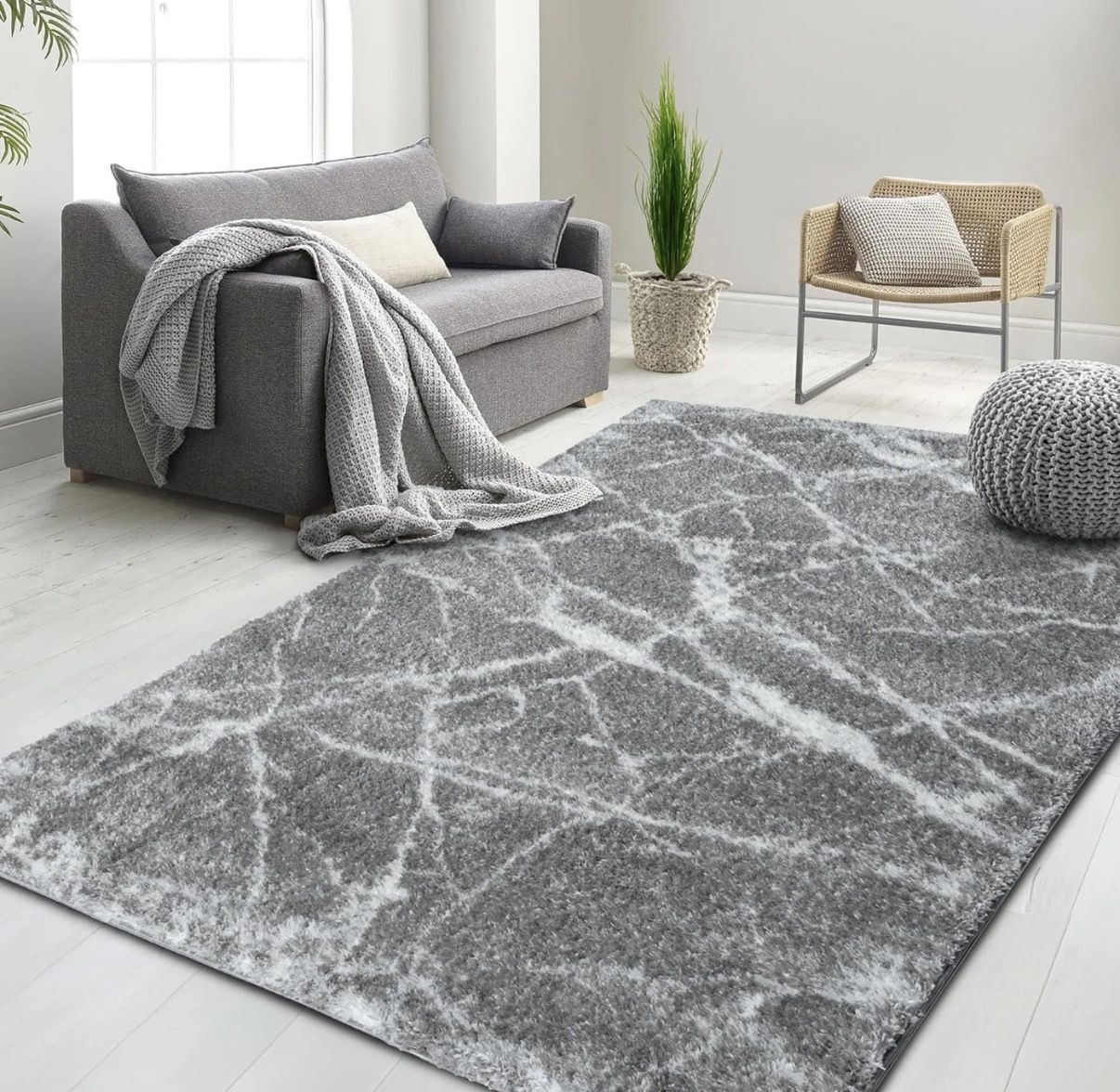 Ultra-Soft Cobalt Gold, Beige and White Shaggy Rug with Marble Marble Pattern