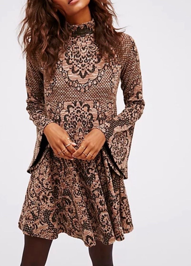 Free People XS Dress Brown Black Mock Neck Flare Bell Sleeve Fit Flare Mini
