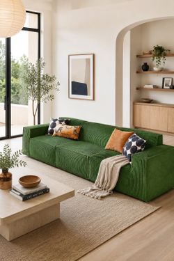 Modern Green 3-Seater Boneless Sofa, Corduroy Modular Floor Couch, Deep Seat Living Room Lounge Sofa