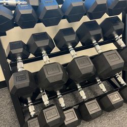 (New In Box) 5-50lb Rubber Hex Dumbbells With 3 Tier Dumbbell Rack Weights - Click On Out Profile For More Gym Equipment Via 