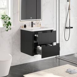 Modern Bathroom Vanity with Sink Combo, Curved Floating Bath Vanity with 2 Drawers, Wall Mount Bathroom Vanities with Integrated Ceramic Sink for Smal