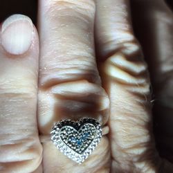 Blue Diamond heart shaped filigree ring silver size 7