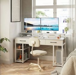 🔥 Multi-Use 47" Small Office Computer Desk with 3 Drawers , Storage Shelves, Monitor Stand, White
