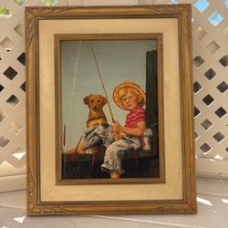 Vintage Framed Painting Boy Fishing with Dog