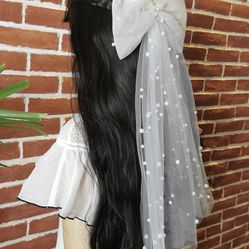 Bachelorette Decorations Bridal Hair Clip Bridesmaid Favors Bride to Be Bridal Shower Gift Bride Hair Pieces Headband Pearl White Bow Veil