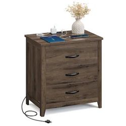 Farmhouse Nightstand with Charging Station, Bedside Table, Side End Table with 3 Drawers, for Bedroom - Taupe Brown