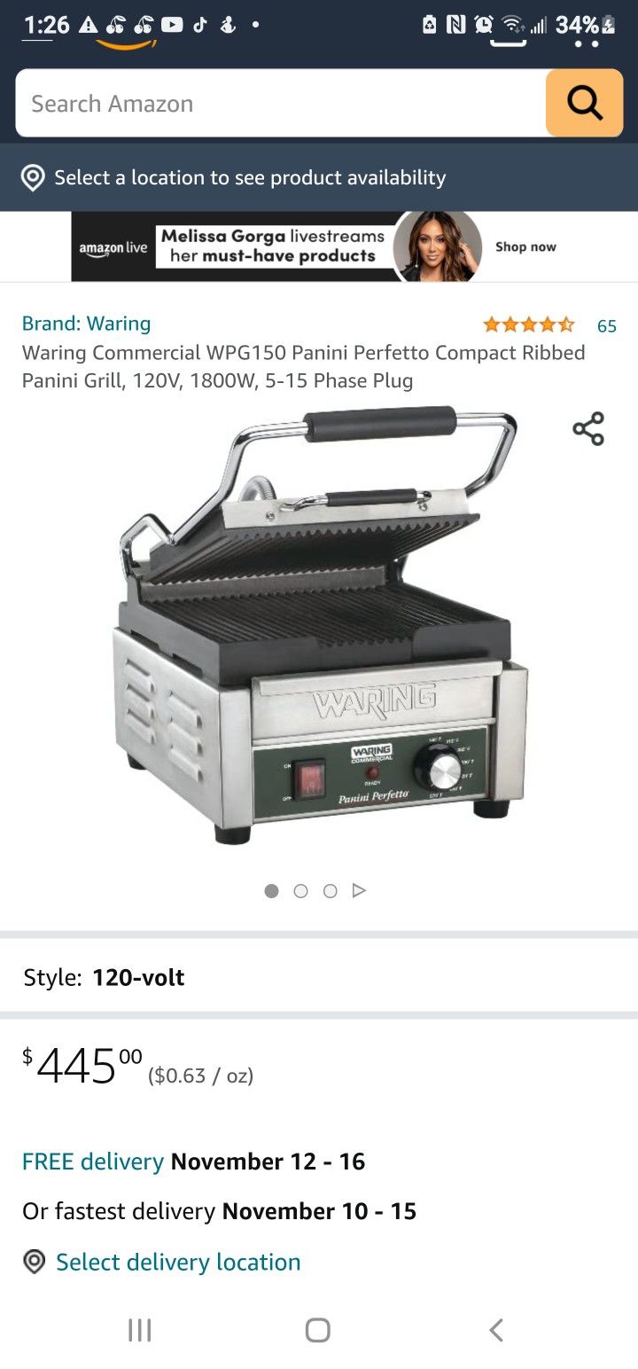 Waring Commercial WPG 150 Panini Perfetto Compact Ribbed Priced To Sell 
