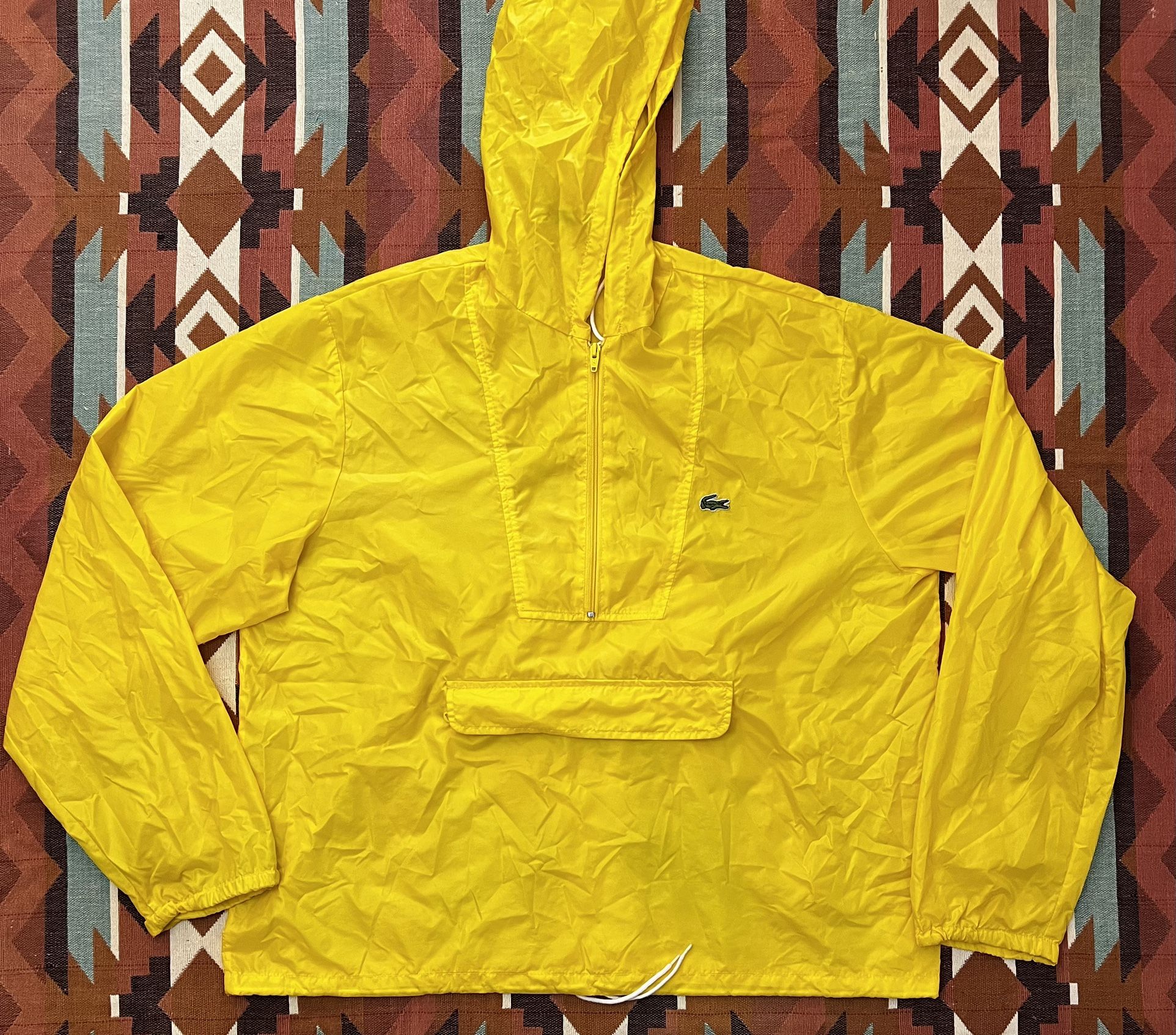 Vintage Izod Lacoste Yellow Hooded Windbreaker Front Zip Pouch Pocket Size L/XL
