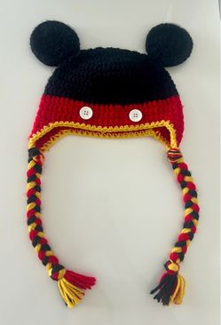 Handmade Crochet Mickey Mouse Inspired Earflap Winter Beanie Hat with Braids