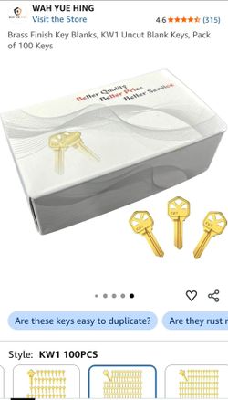 WAH YUE HING Brass Finish Key Blanks, KW1 Uncut Blank Keys, Pack of 100 Keys