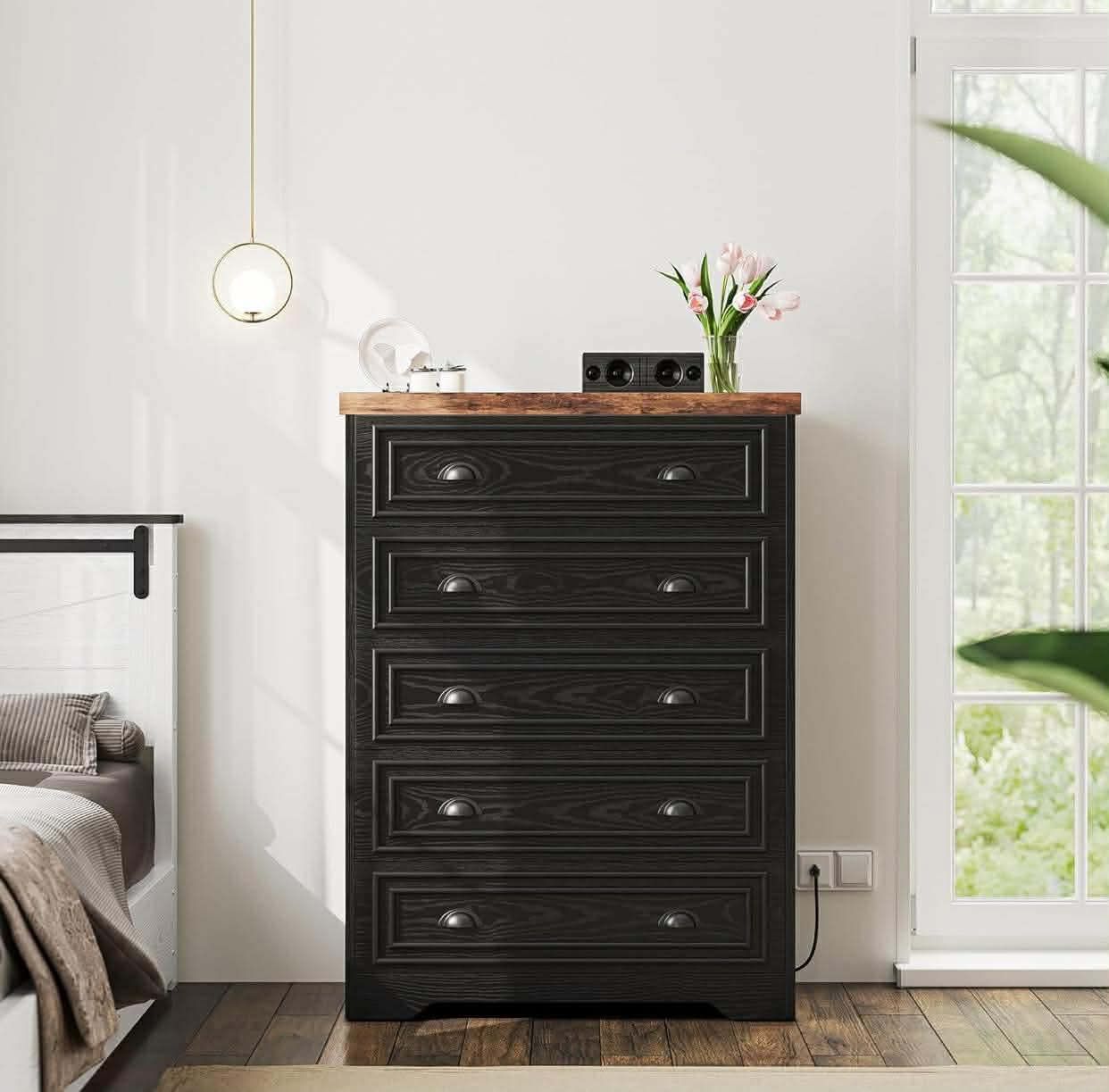 43" Tall 5 Drawers Dresser for Bedroom, Power Strip, Farmhouse Large Wood Dressers & Chest of Drawers with Wide Storage Cabinet, Black