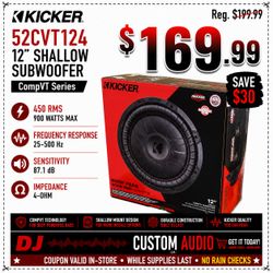 Kicker CVT12 Shallow 12Inch Subwoofer CompVT CVT Bass Spraker 900 Watts 52CVT124 🚨 Payment Options Available 🚨 No Credit Needed 🚨