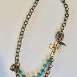 Turquoise and chain necklace with cross and charms 25 inches
