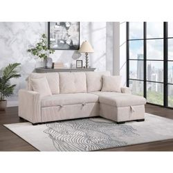 CORDUROY BEIGE FABRIC SECTIONAL SOFA REVERSIBLE STORAGE CHAISE ASJUSTABLE SLEEPER BED