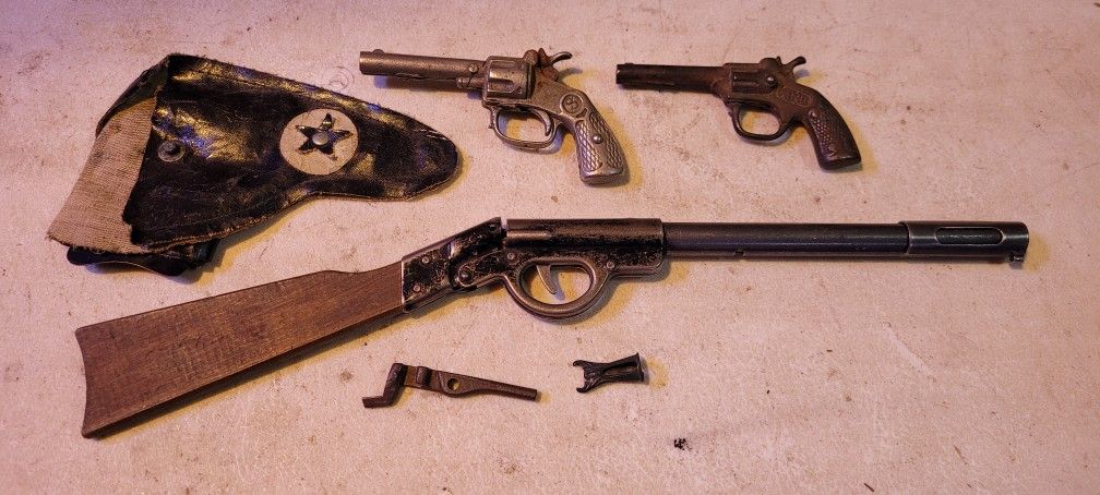 Lot of vintage 2 toy cap guns and 1 Toy Rifle