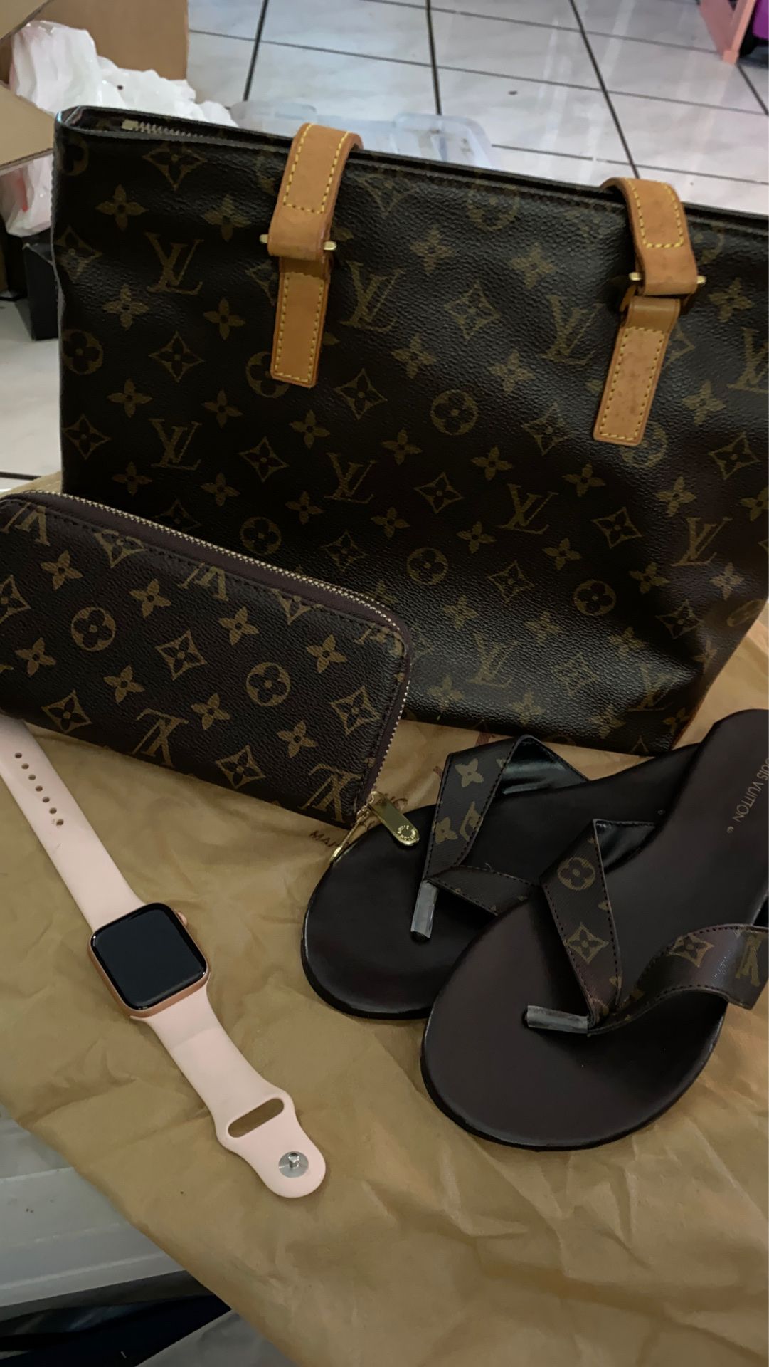 LV purse and wallet sandals are size 8