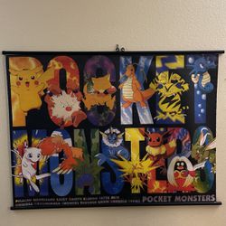 Vintage Rare Pocket Monsters Pokemon Fabric Poster Banner Original 90s