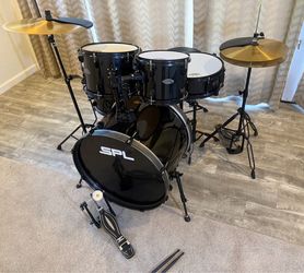 SPL complete 5 piece drum set 22” bass fusion size toms pedal new stands throne silentstroke mesh heads $300 cash in Upland 91784