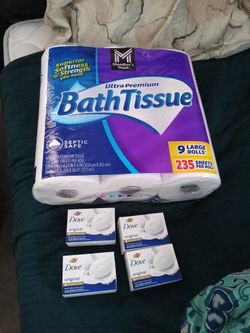 9 Pack Toilet Paper And 4 Dove Soap 