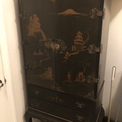 Vintage Distressed Black Original Elwood Cabinet With Butterfly Motif 